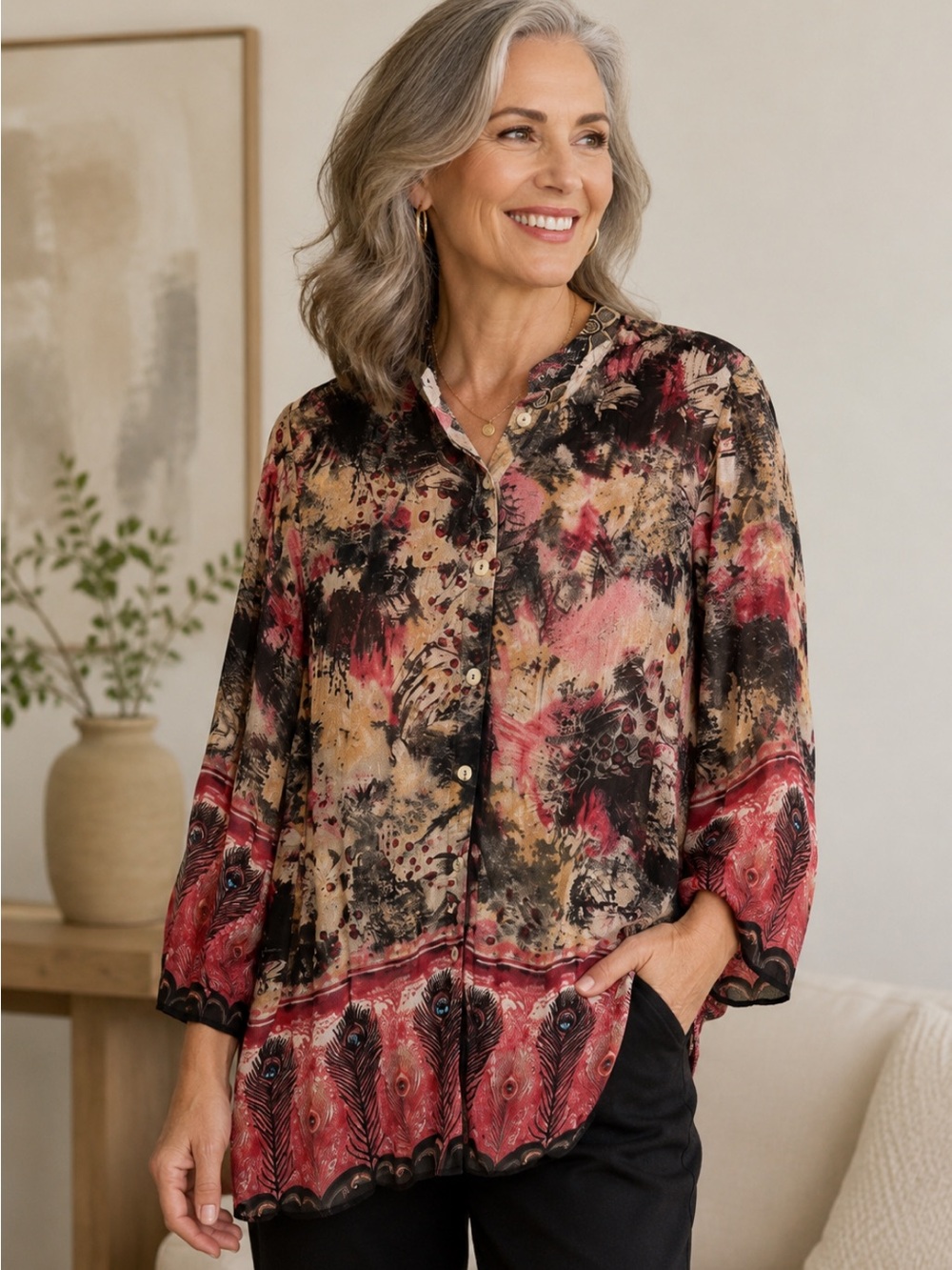 Citron Santa Monica Silk Blnd Button Down Embroidered Peacock Tunic Blouse Artsy
